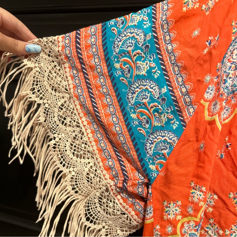 Umgee Bohemian Bright Orange and Blue Fringe Kimono Work Or Swim Cover Up - Picture 2 of 7
